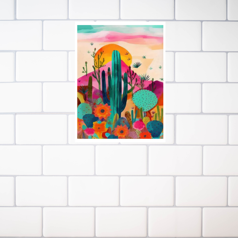 Vibrant cactus desert scene high quality UV protected framed canvas print | Pink, aqua, orange | 50 cm x 70 cm LGE