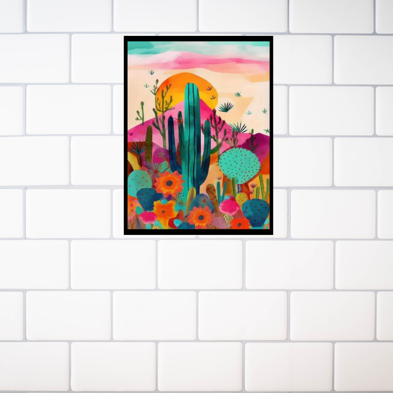 Vibrant cactus desert scene high quality UV protected framed canvas print | Pink, aqua, orange | 50 cm x 70 cm LGE
