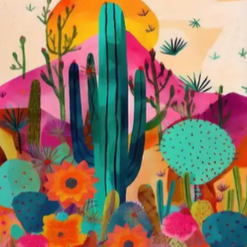 Vibrant cactus desert scene high quality UV protected framed canvas print | Pink, aqua, orange | 50 cm x 70 cm LGE