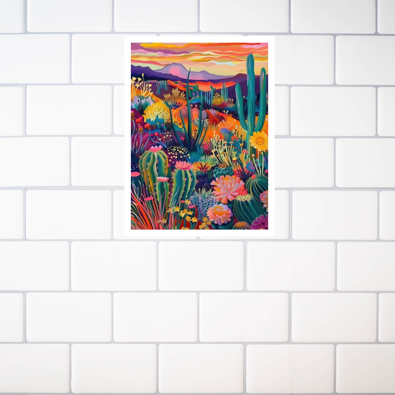 Vibrant cactus desert scene (mid-century) high quality UV protected framed canvas print | Green, orange, purple | 30 cm x 40 cm