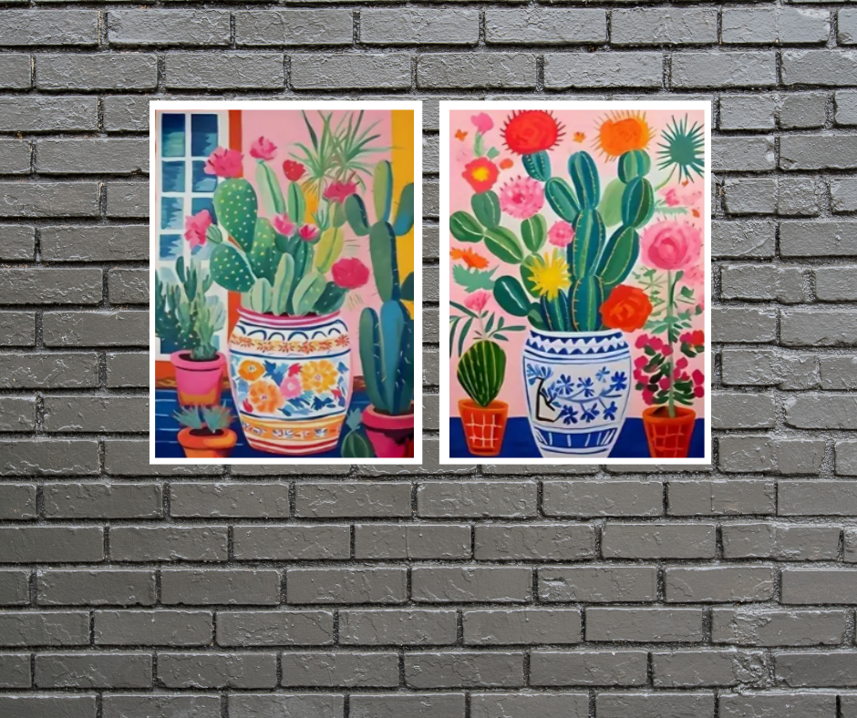Vibrant cactus in large vases framed canvas prints - set of 2 | Pinks, red, green, blue | 30 cm x 40 cm