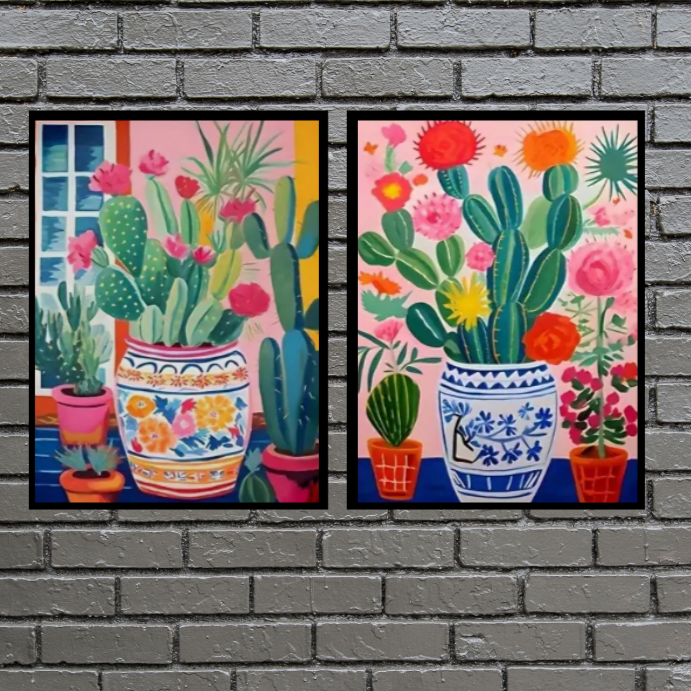Vibrant cactus in large vases framed canvas prints - set of 2 | Pinks, red, green, blue | 30 cm x 40 cm