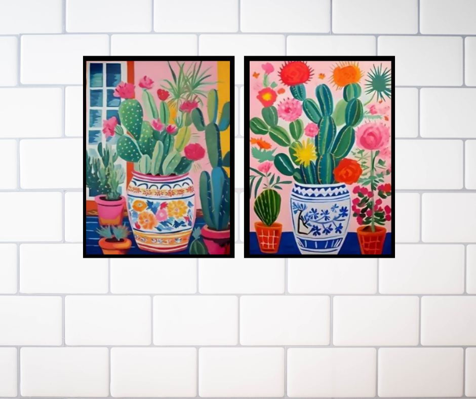 Vibrant cactus in large vases framed canvas prints - set of 2 | Pinks, red, green, blue | 30 cm x 40 cm