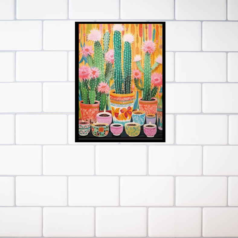 Vibrant cactus in pots | High quality UV protected framed canvas print | Green, pink, red, orange | 30 cm x 40 cm