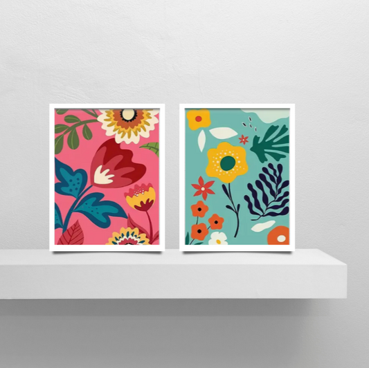Vibrant, floral |  High quality UV protected framed canvas print | Pink, green, yellow | Set of 2 | 30 cm x 40 cm | Style A