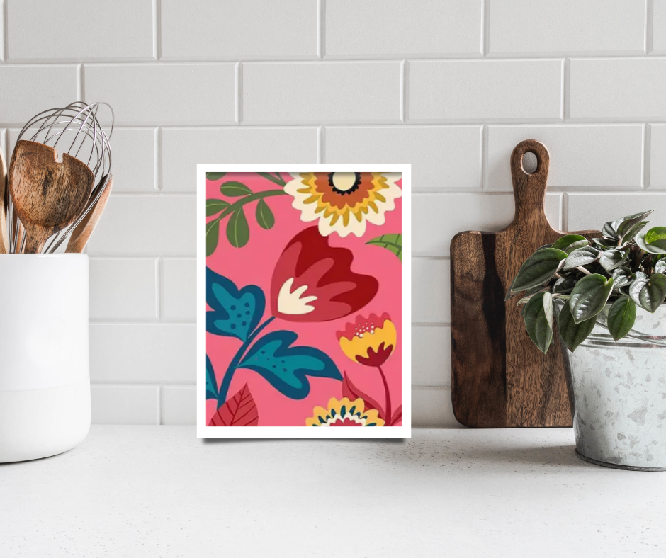 Vibrant, floral |  High quality UV protected framed canvas print | Pink, green, yellow | Set of 2 | 30 cm x 40 cm | Style A