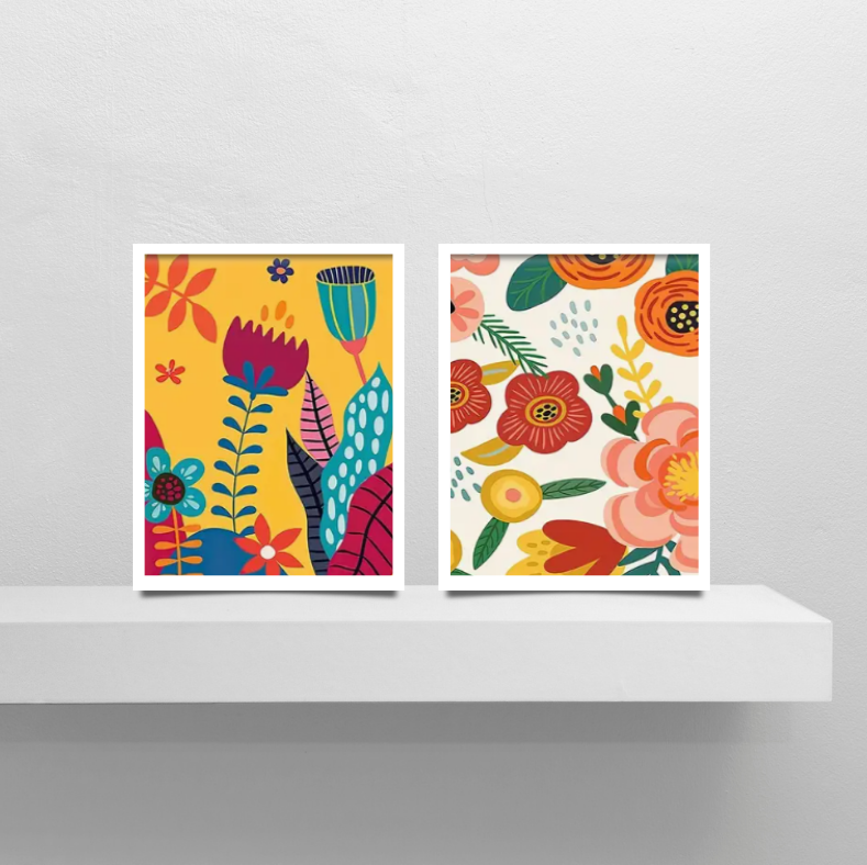 Vibrant, floral |  High quality UV protected framed canvas print | Yellow, orange, pink, white | Set of 2 | 30 cm x 40 cm | Style B
