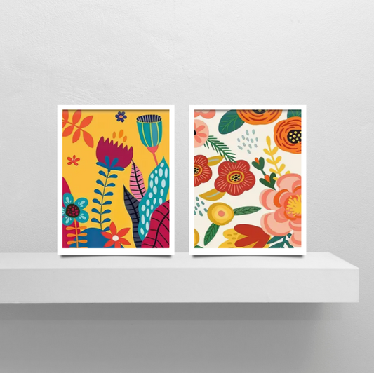 Vibrant, floral |  High quality UV protected framed canvas print | Yellow, orange, pink, white | Set of 2 | 30 cm x 40 cm | Style B
