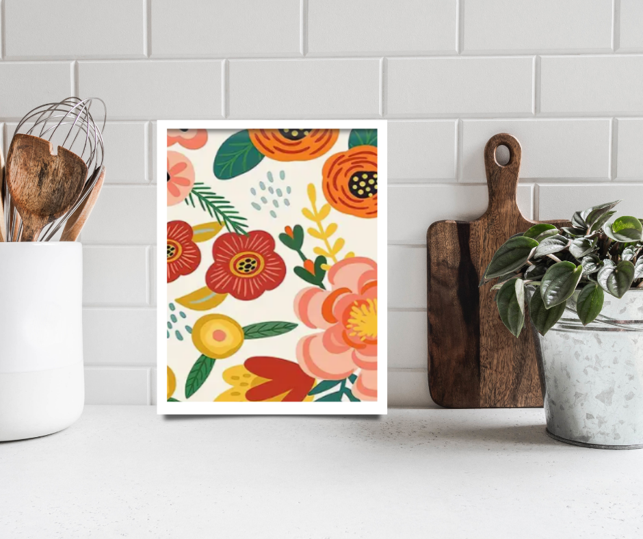 Vibrant, floral |  High quality UV protected framed canvas print | Yellow, orange, pink, white | Set of 2 | 30 cm x 40 cm | Style B