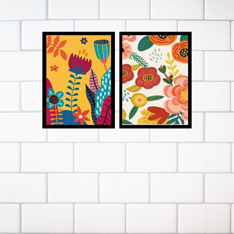 Vibrant, floral |  High quality UV protected framed canvas print | Yellow, orange, pink, white | Set of 2 | 30 cm x 40 cm | Style B