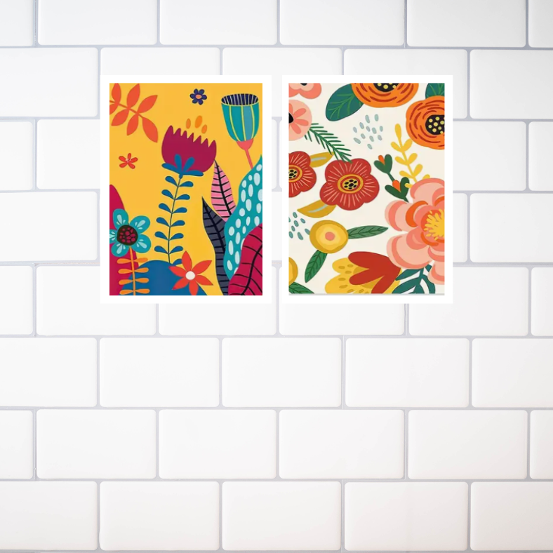 Vibrant, floral |  High quality UV protected framed canvas print | Yellow, orange, pink, white | Set of 2 | 30 cm x 40 cm | Style B