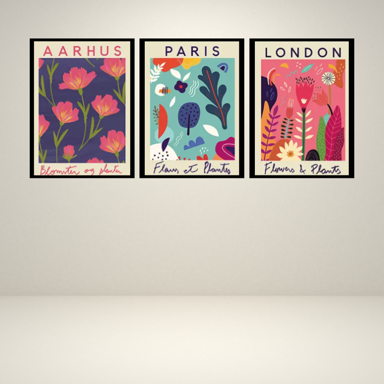 Vibrant 'flower market' London, Paris, Aarhaus | high quality UV protected framed canvas prints | pink, navy, aqua | Set of 3 | 30 cm x 40 cm