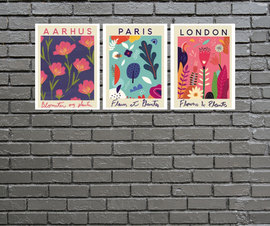 Vibrant 'flower market' London, Paris, Aarhaus | high quality UV protected framed canvas prints | pink, navy, aqua | Set of 3 | 30 cm x 40 cm