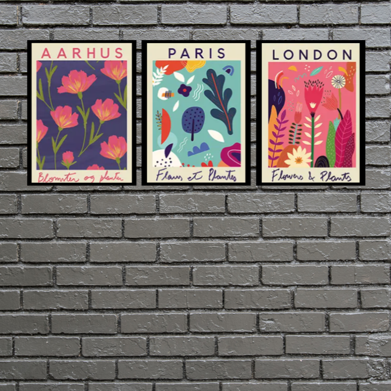 Vibrant 'flower market' London, Paris, Aarhaus | high quality UV protected framed canvas prints | pink, navy, aqua | Set of 3 | 30 cm x 40 cm