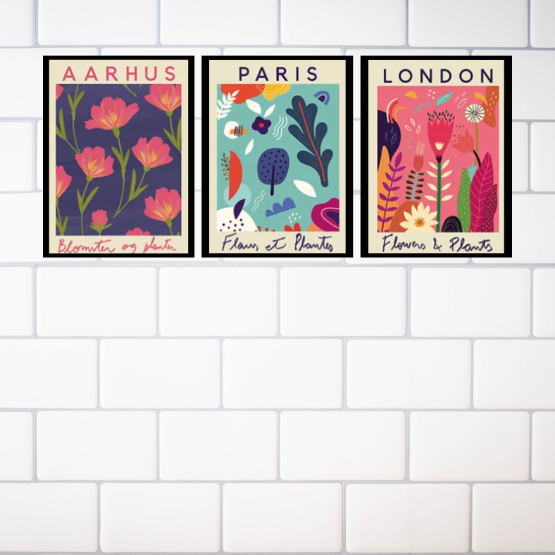 Vibrant 'flower market' London, Paris, Aarhaus | high quality UV protected framed canvas prints | pink, navy, aqua | Set of 3 | 30 cm x 40 cm