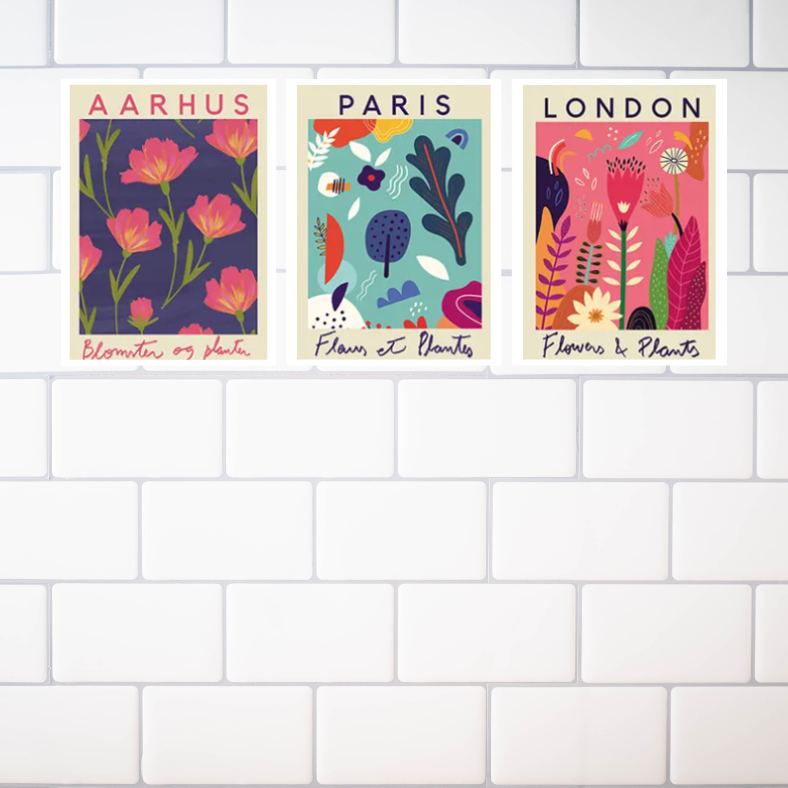 Vibrant 'flower market' London, Paris, Aarhaus | high quality UV protected framed canvas prints | pink, navy, aqua | Set of 3 | 30 cm x 40 cm