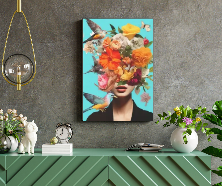 Vibrant lady with birds and flowers stretched canvas print | Aqua, black, orange | 30 cm x 40 cm