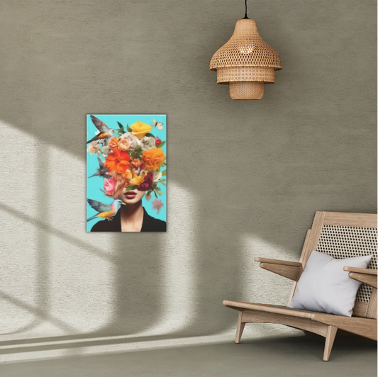Vibrant lady with birds and flowers stretched canvas print | Aqua, black, orange | 30 cm x 40 cm