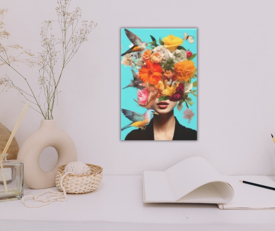 Vibrant lady with birds and flowers stretched canvas print | Aqua, black, orange | 30 cm x 40 cm