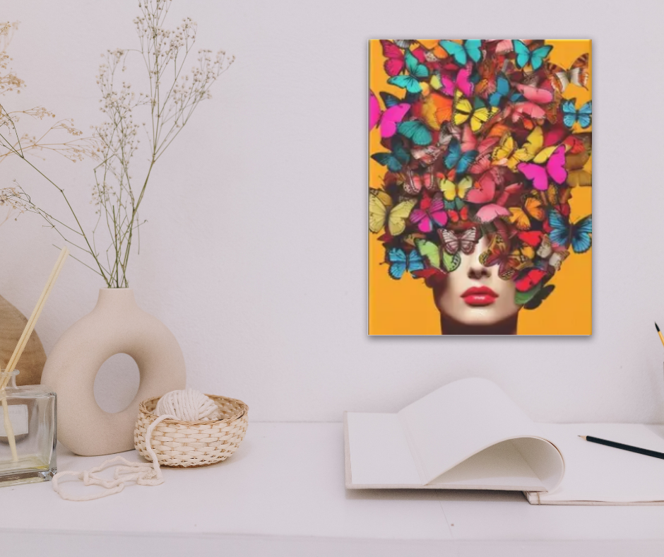 Vibrant lady with butterflies stretched canvas print | Yellow, pink, blue | 30 cm x 40 cm