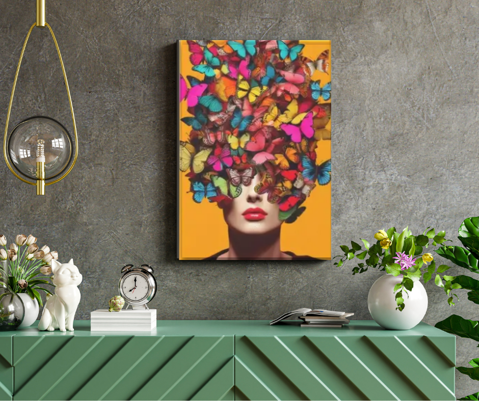 Vibrant lady with butterflies stretched canvas print | Yellow, pink, blue | 30 cm x 40 cm