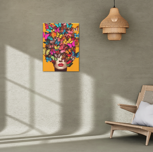 Vibrant lady with butterflies stretched canvas print | Yellow, pink, blue | 30 cm x 40 cm