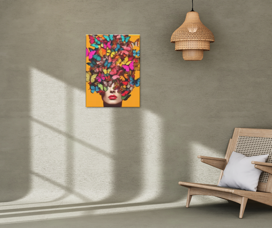 Vibrant lady with butterflies stretched canvas print | Yellow, pink, blue | 30 cm x 40 cm