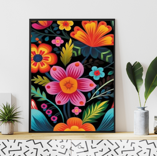 Vibrant abstract mex-style floral framed canvas print | Black, green, red, orange, green | 30 cm x 40 cm