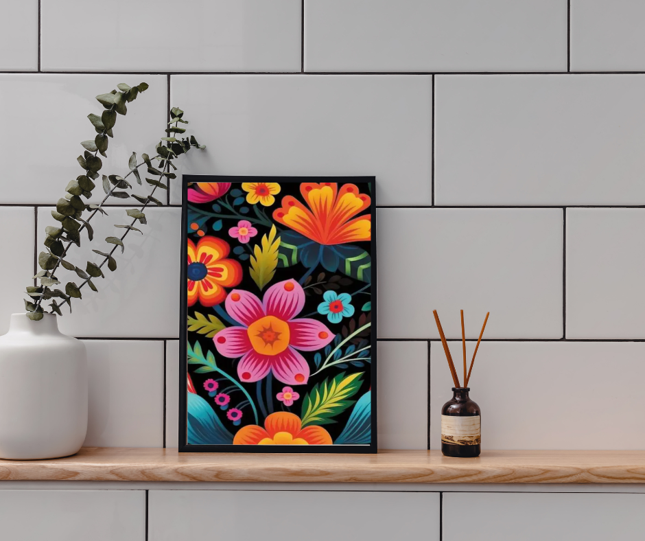 Vibrant abstract mex-style floral framed canvas print | Black, green, red, orange, green | 30 cm x 40 cm