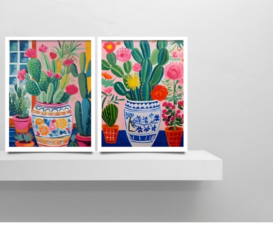 Vibrant cactus in large vases framed canvas prints - set of 2 | Pinks, red, green, blue | 30 cm x 40 cm