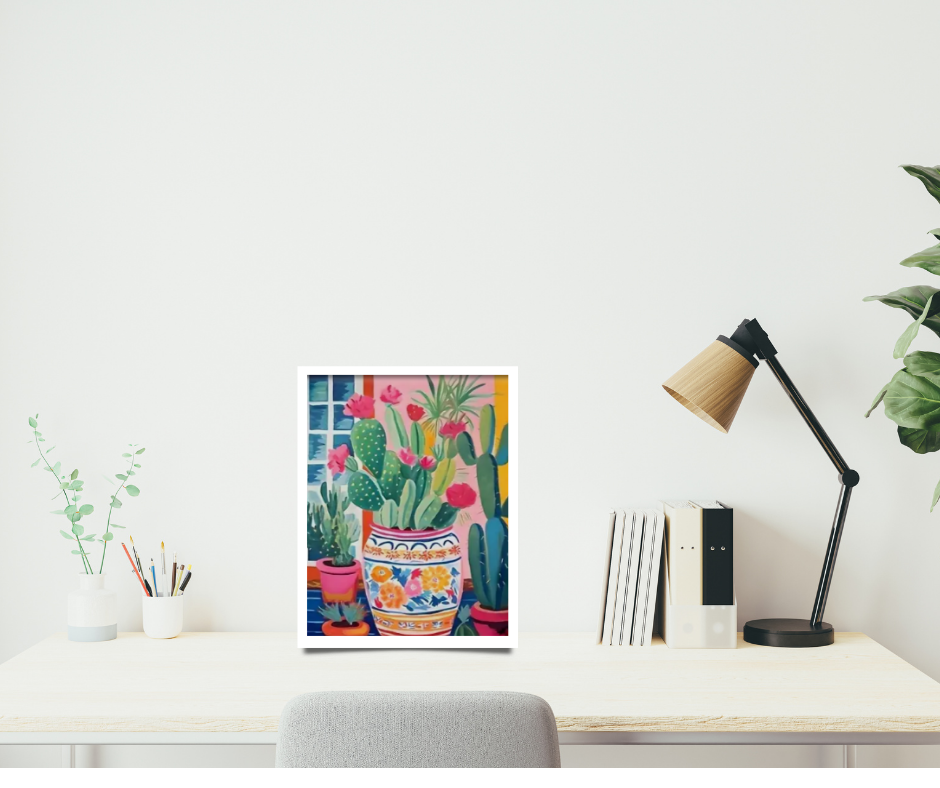 Vibrant cactus in large vases framed canvas prints - set of 2 | Pinks, red, green, blue | 30 cm x 40 cm