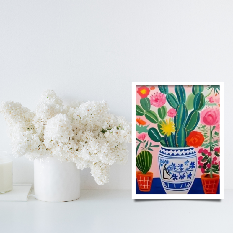 Vibrant cactus in large vases framed canvas prints - set of 2 | Pinks, red, green, blue | 30 cm x 40 cm