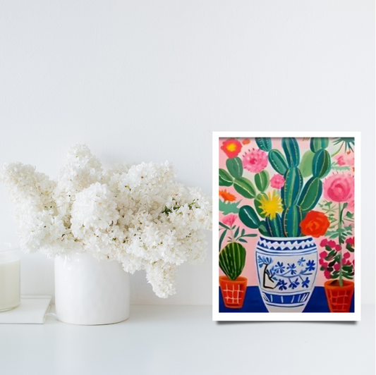 Vibrant cactus in large vases framed canvas prints - set of 2 | Pinks, red, green, blue | 30 cm x 40 cm