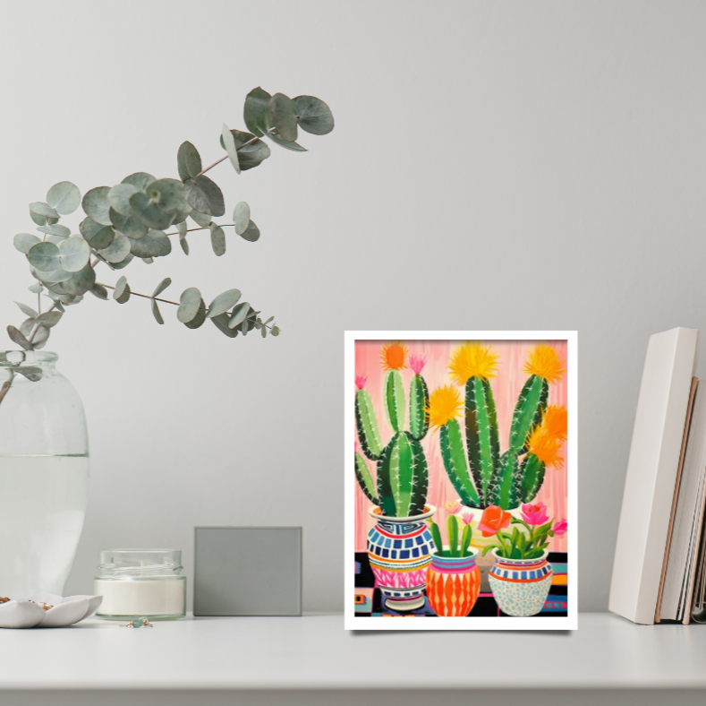 Vibrant cactus in mosaic pots |  High quality UV protected framed canvas print | Green, pinks, yellow, orange | 30 cm x 40 cm