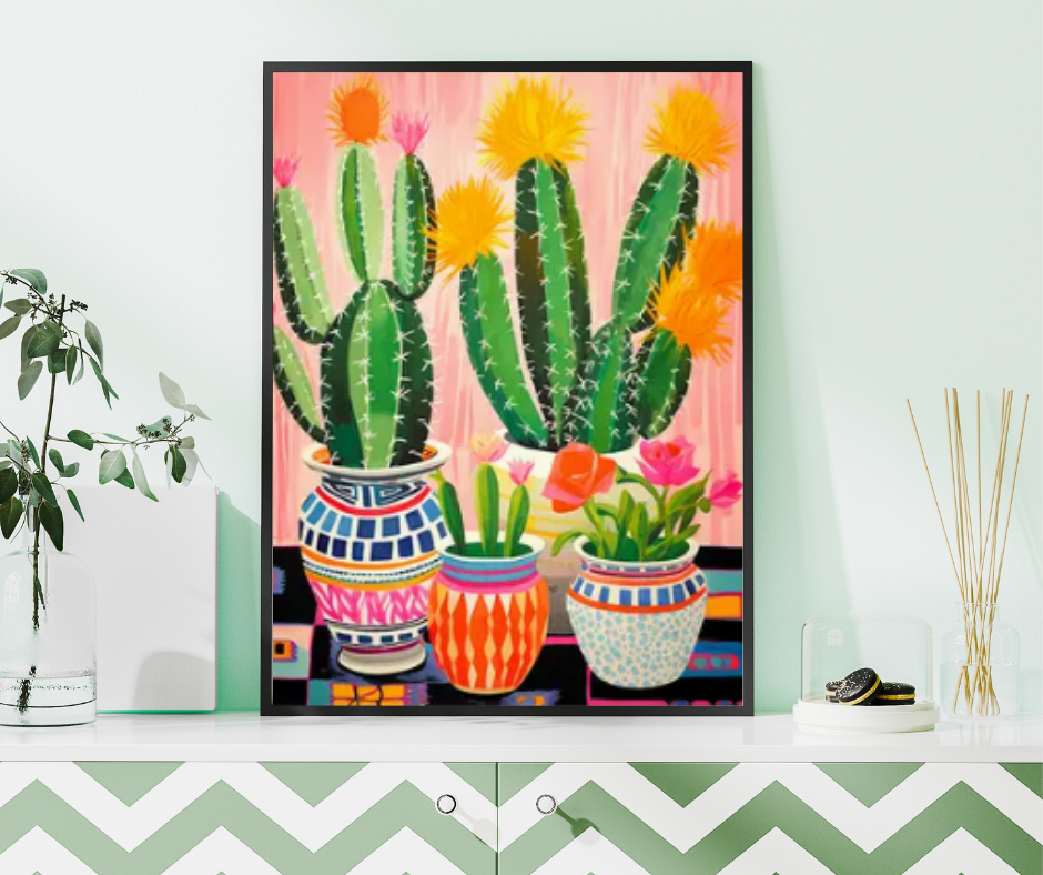 Vibrant cactus in mosaic pots |  High quality UV protected framed canvas print | Green, pinks, yellow, orange | 30 cm x 40 cm