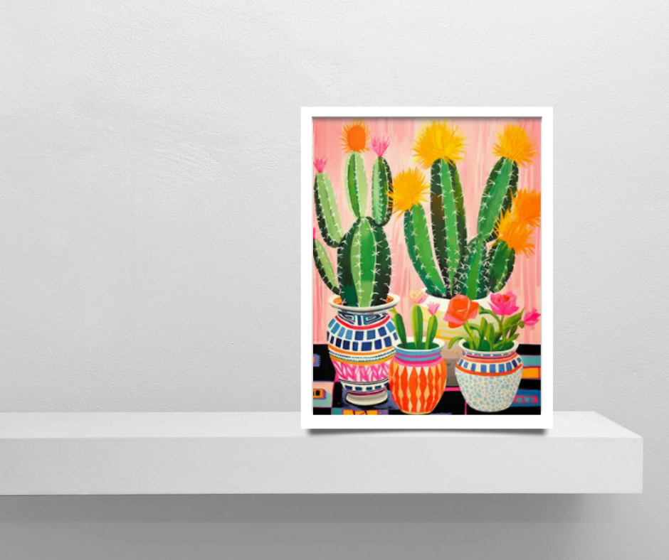 Vibrant cactus in mosaic pots |  High quality UV protected framed canvas print | Green, pinks, yellow, orange | 30 cm x 40 cm