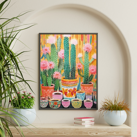 Vibrant cactus in pots | High quality UV protected framed canvas print | Green, pink, red, orange | 30 cm x 40 cm