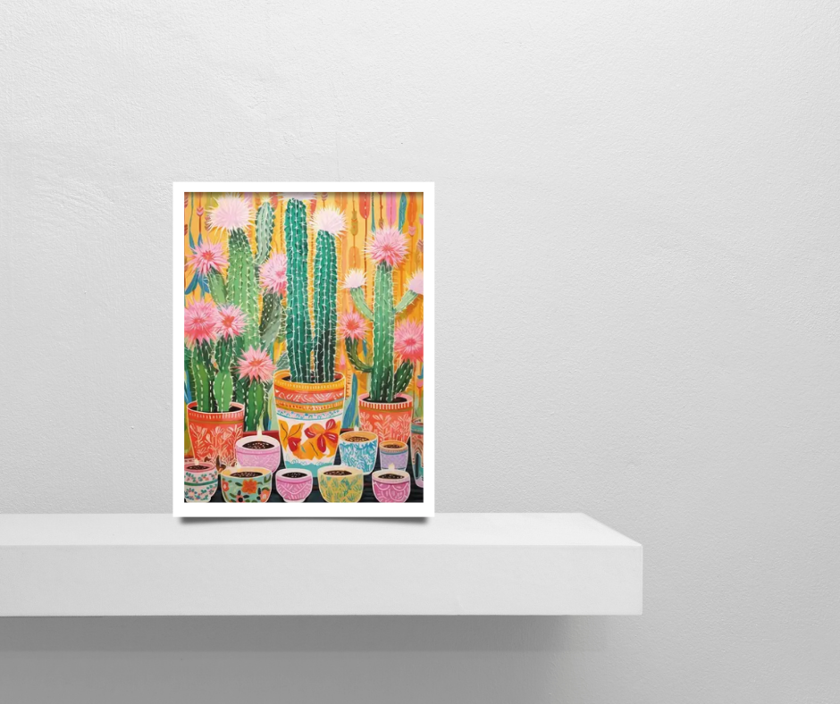 Vibrant cactus in pots | High quality UV protected framed canvas print | Green, pink, red, orange | 30 cm x 40 cm