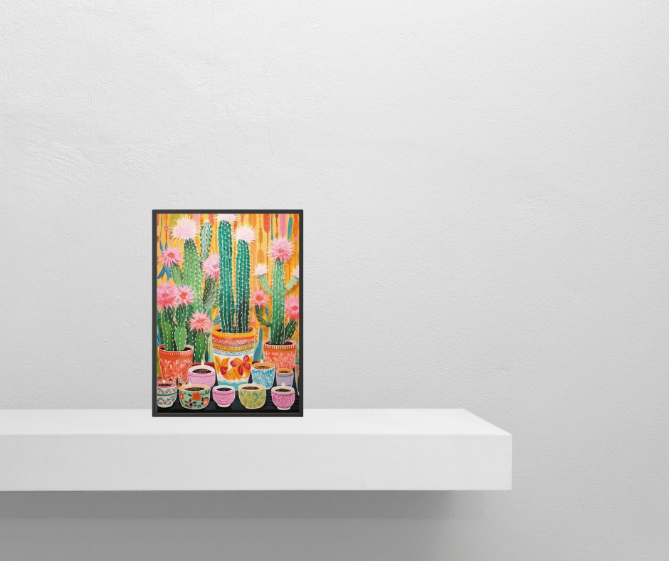 Vibrant cactus in pots | High quality UV protected framed canvas print | Green, pink, red, orange | 30 cm x 40 cm