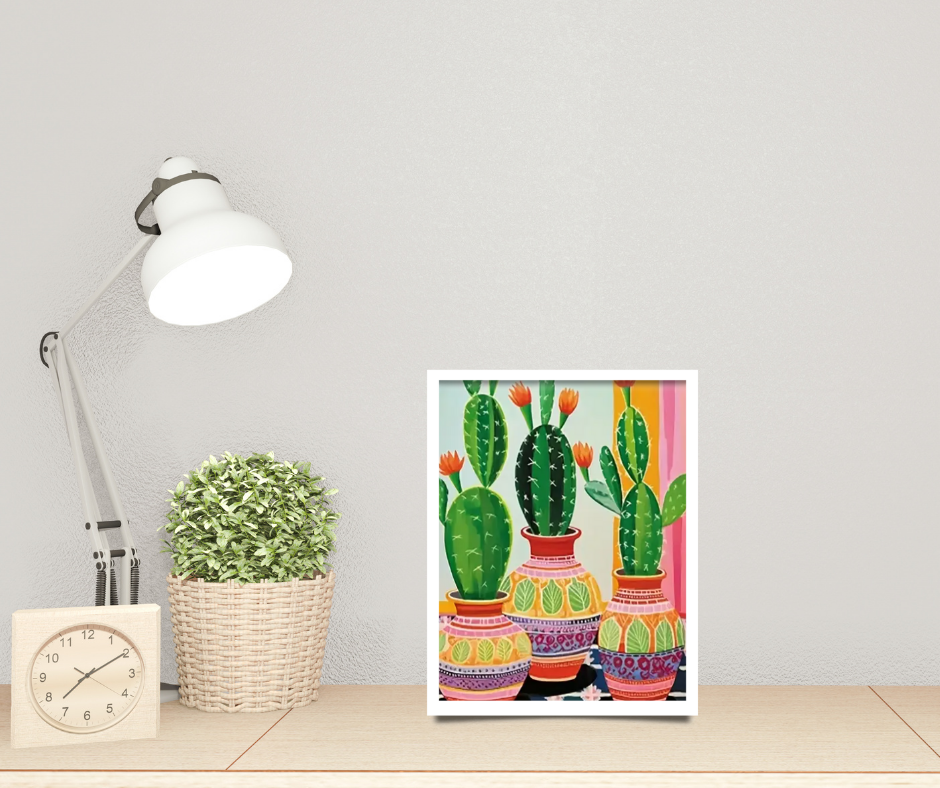 Vibrant cactus in three pots framed canvas prints | Green, red, pink, tiles | 30 cm x 40 cm