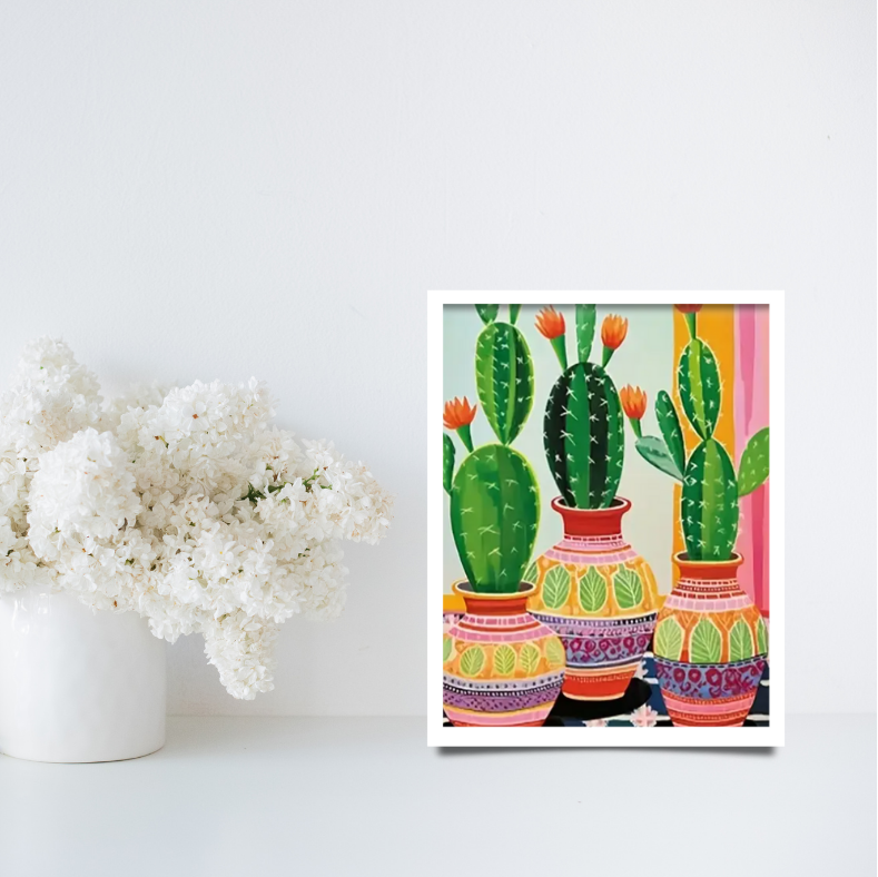 Vibrant cactus in three pots framed canvas prints | Green, red, pink, tiles | 30 cm x 40 cm