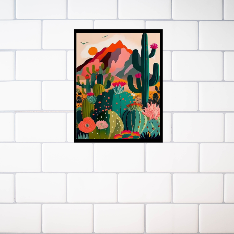 Vibrant stylised desert scene framed canvas print | Green, orange, pink | 30 cm x 40 cm