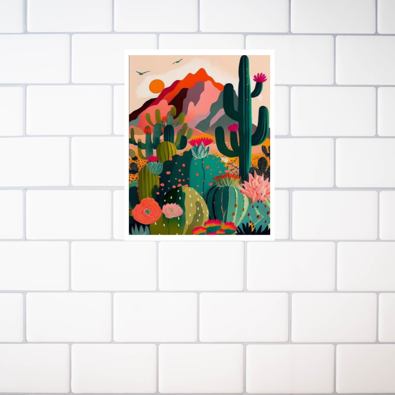 Vibrant stylised desert scene framed canvas print | Green, orange, pink | 30 cm x 40 cm