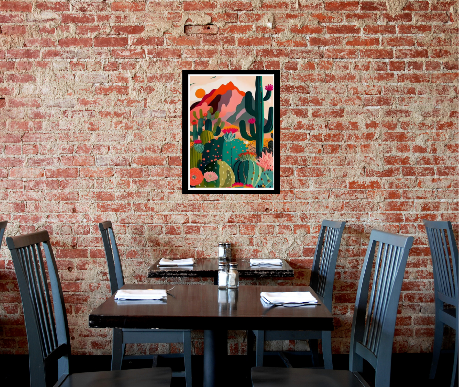 Vibrant stylised desert scene framed canvas print | Green, orange, pink | 30 cm x 40 cm