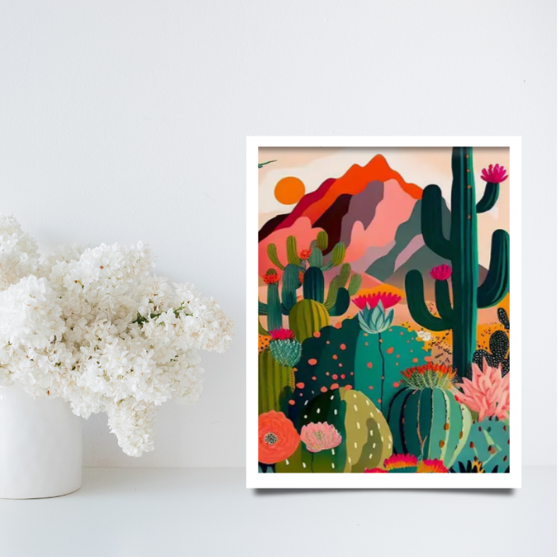 Vibrant stylised desert scene framed canvas print | Green, orange, pink | 30 cm x 40 cm