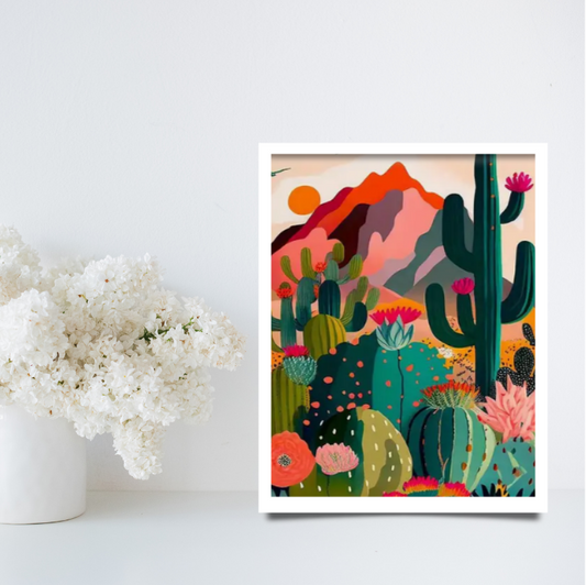 Vibrant stylised desert scene framed canvas print | Green, orange, pink | 30 cm x 40 cm