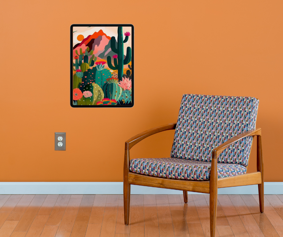 Vibrant stylised desert scene framed canvas print | Green, orange, pink | 30 cm x 40 cm
