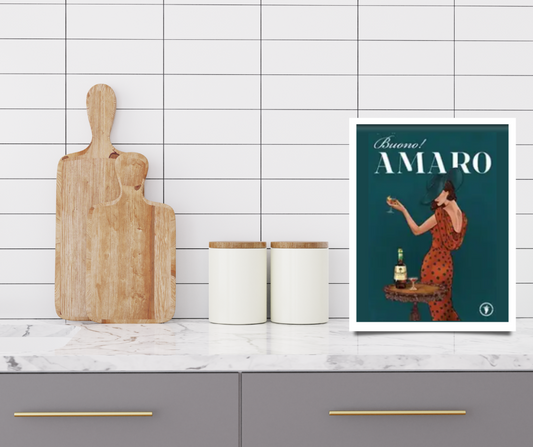 Vintage Amaro drinks poster framed canvas print | Jade green, black, white | 40 cm x 30 cm
