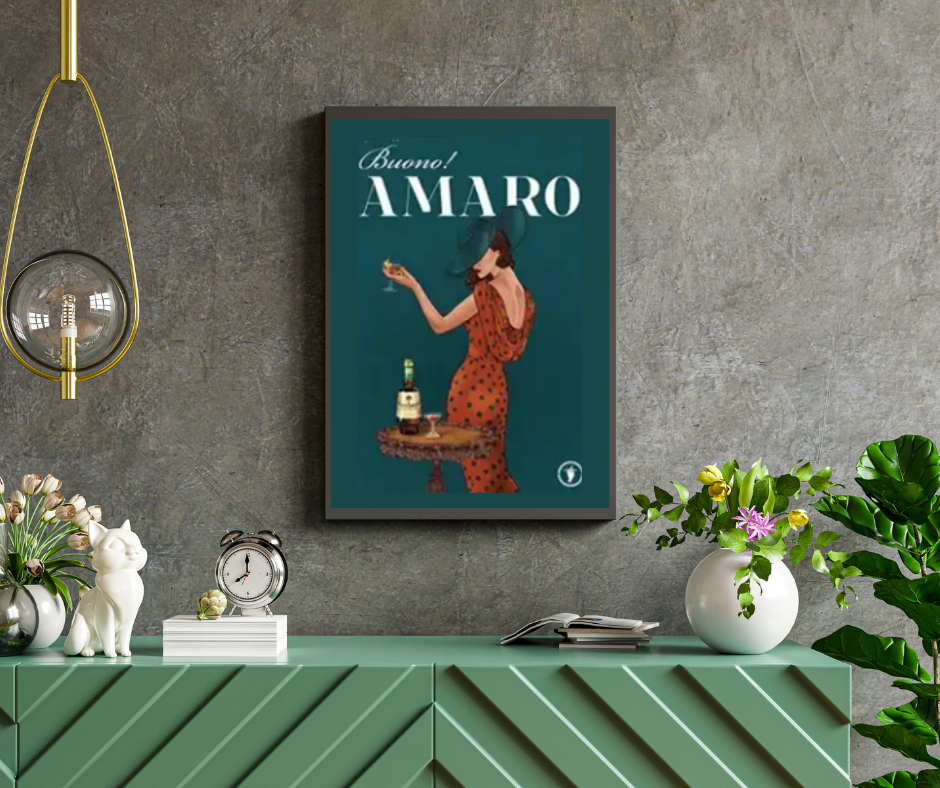 Vintage Amaro drinks poster framed canvas print | Jade green, black, white | 40 cm x 30 cm