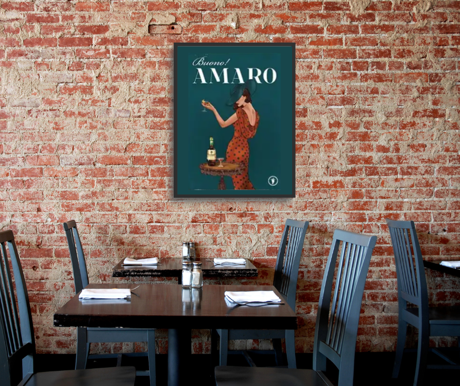 Vintage Amaro drinks poster framed canvas print | Jade green, black, white | 40 cm x 30 cm